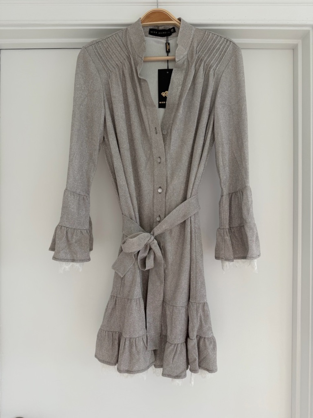 Diamond Supply Co. Silver Metallic Tiered Midi Dress with Tie Waist